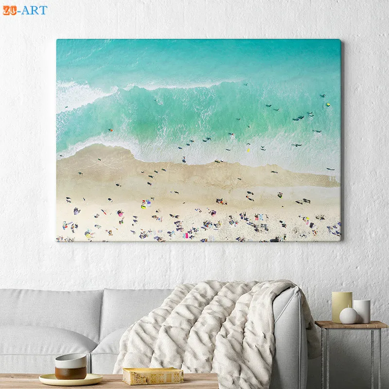 

Sandy Beach Ocean Water Ariel People Print Wall Art Canvas Painting Seascape Painting for Living Room Home Decor Framed