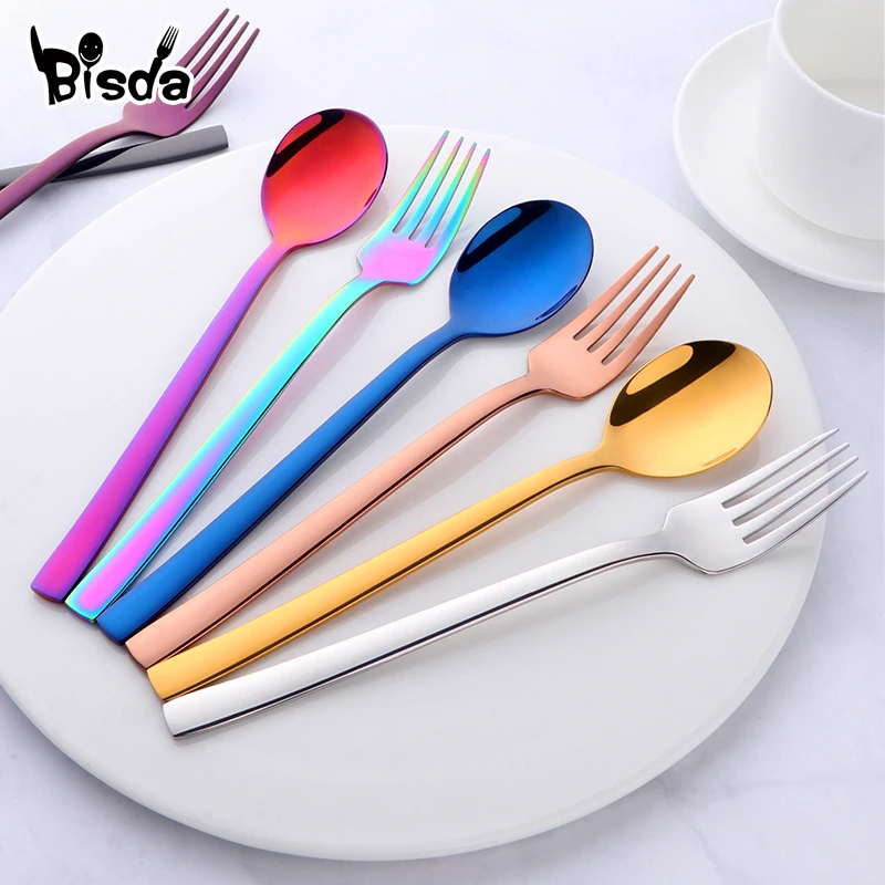 

Promotion 2PC Korean Spoon and Fork Set Stainless Steel Soup Spoon Blue Dinnerware With Long Handle Metal Gold Spoon And Fork