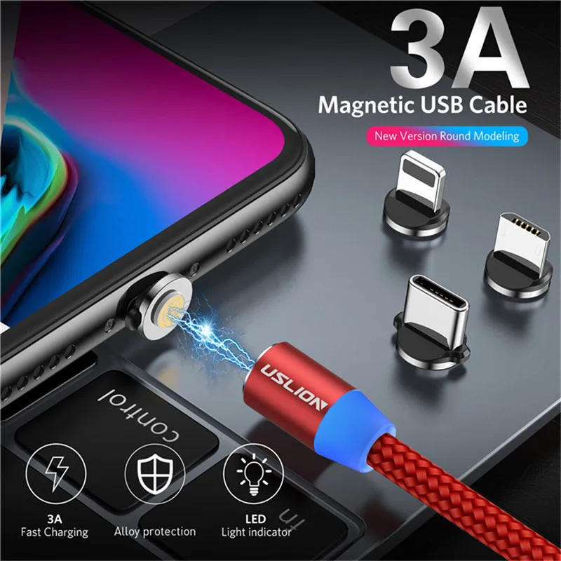 Магнитный USB кабель USLION 3A для быстрой зарядки микро Type C со светодиодной