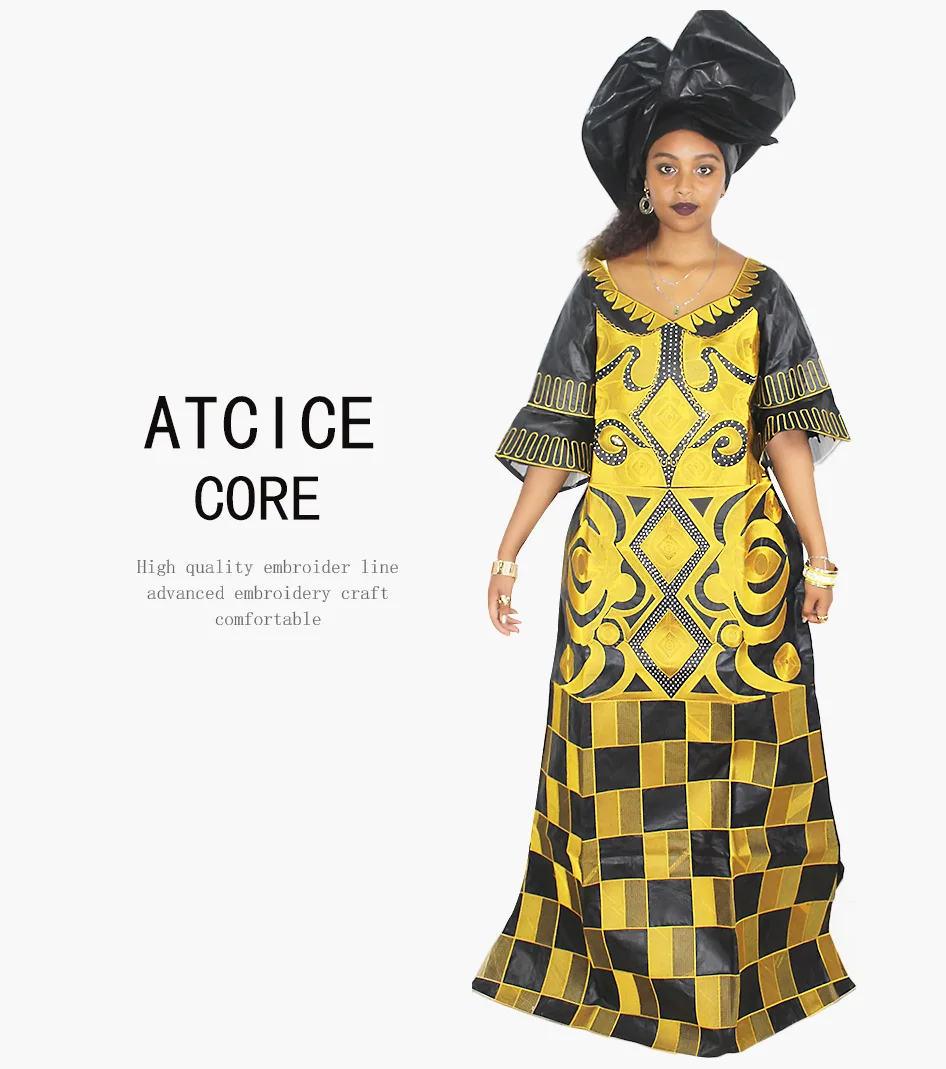 African Dresses For Woman Bazin Riche Computer Emboridery Plus Size Long Dress With Scarf A023 african robe