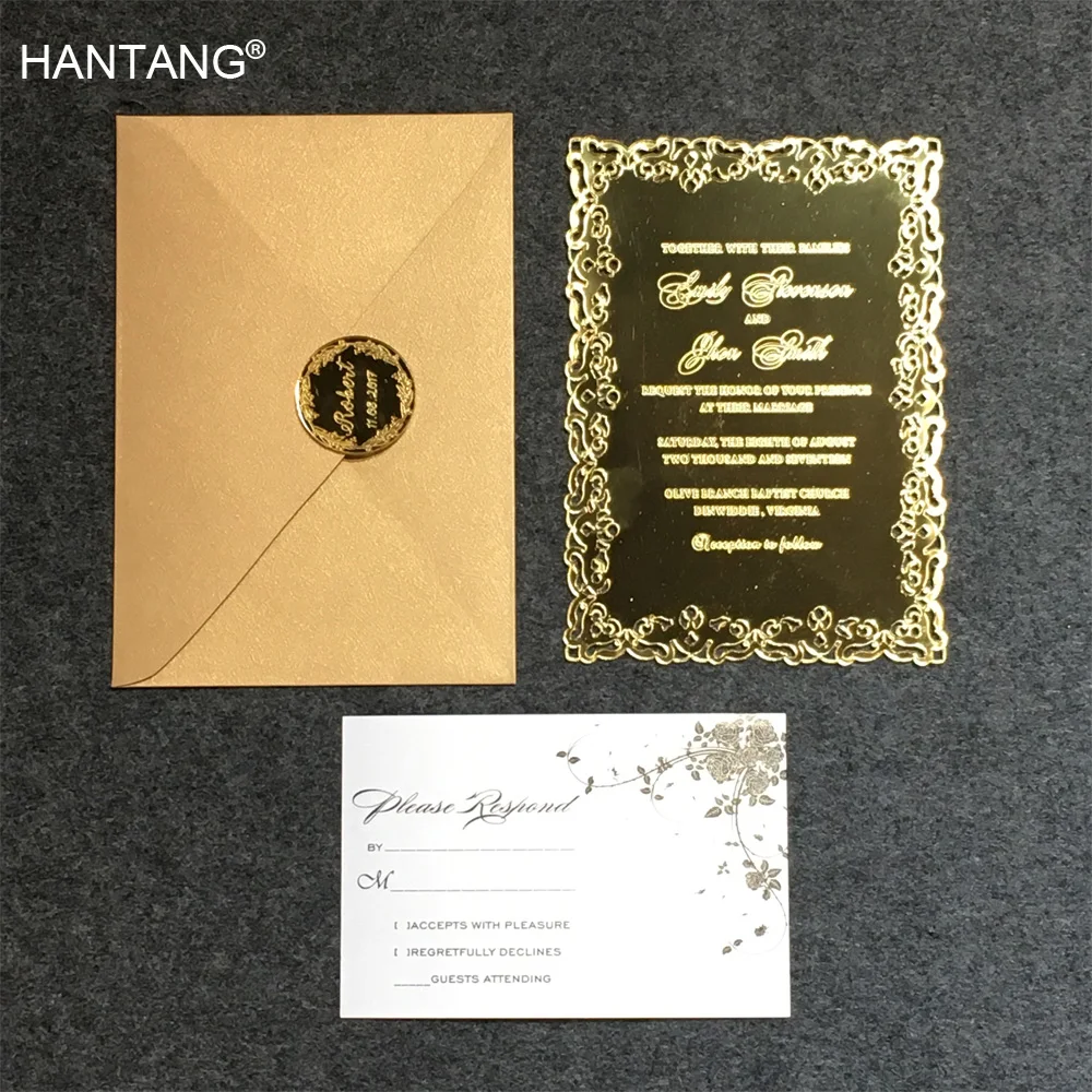  Personalised Hollow Out Pattern 5X7inch Golden Mirror Acrylic Wedding Invitation Card 100 Sets Per  - 32830031389