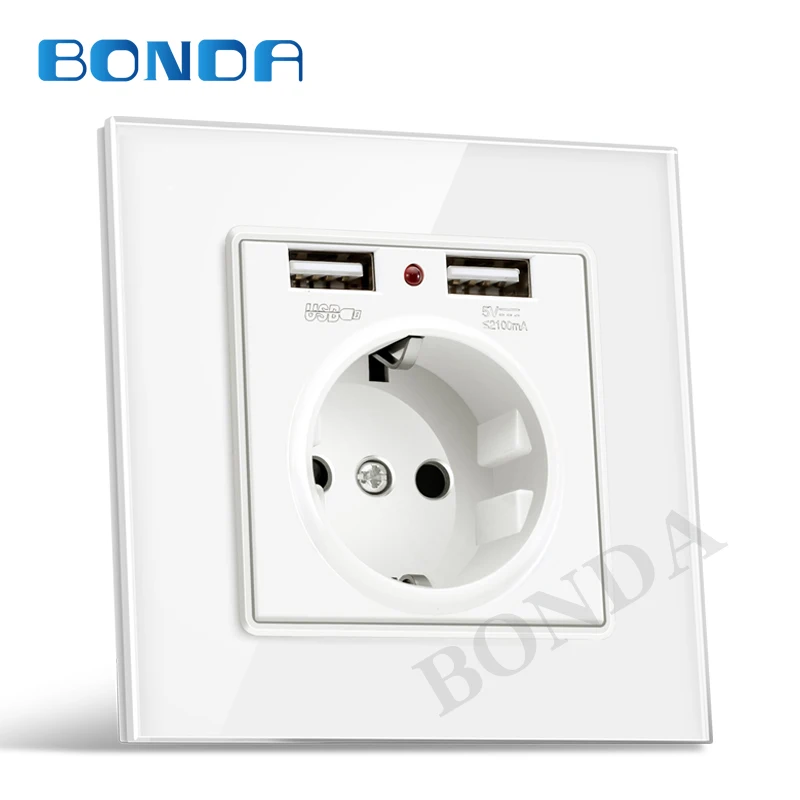 EU wall Power plug Socket with usb outlet, Glass 2A Dual USB Charger plug wall outlet, 16A 2100ma Electrical Wall Power Socket