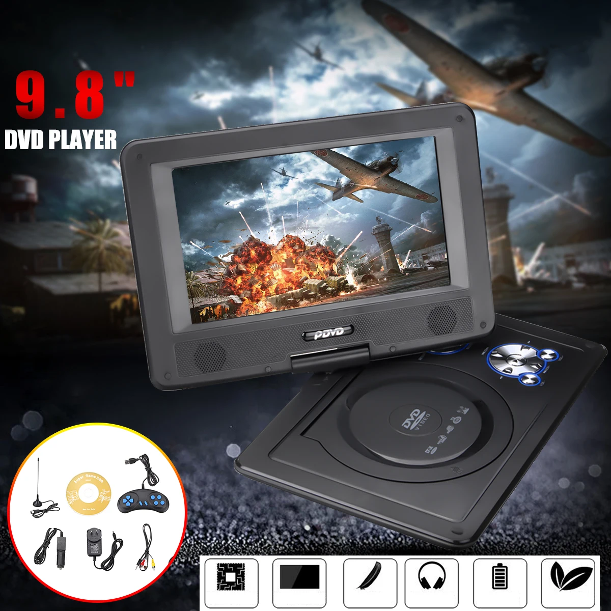 

9.8 Inch Portable HD DVD Player Rotating Screen FM VCD CD MP3 Mp4 TV Player Multimedia Player Car DVD Player with Gamepad