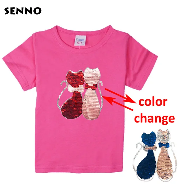 Double Sided Sequin Flash Glitter T-Shirts For Girls Sequins T Shirt Girls Cartoon Cat Kids Tshirt Summer Teen Clothes For Girls Purple
