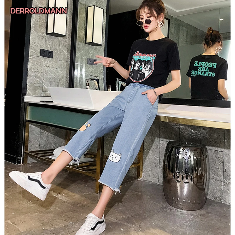 Womens Jeans Straight Pants Hairy Cuffs Korean Loose Denim pictures Stretch Waistline with Zipper Woman Jeans