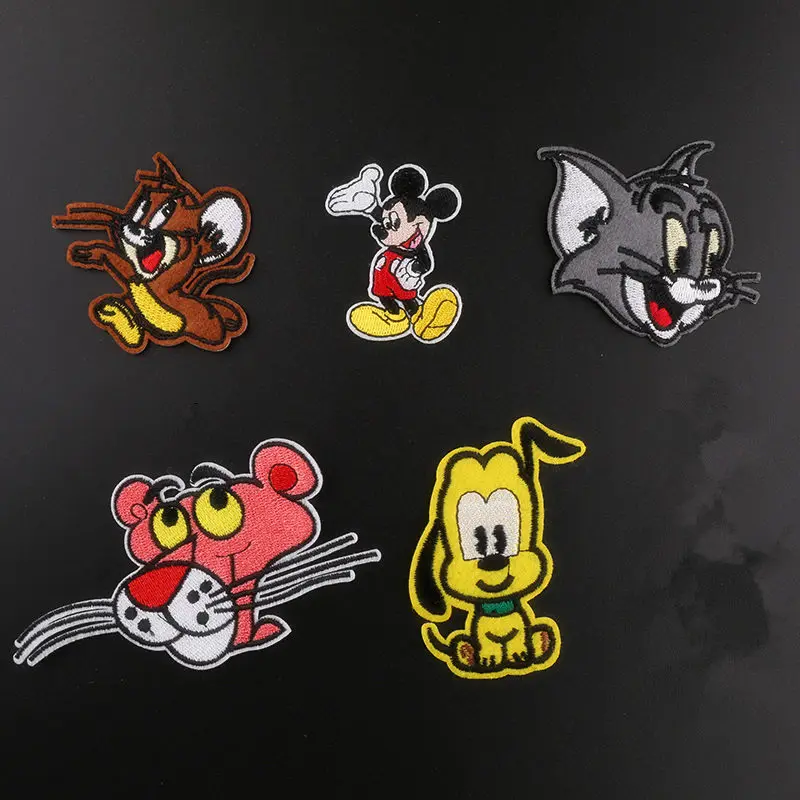 

1Pcs Popular cartoon Cat Mouse Pink Panther Embroidered Patches Clothes Iron On Applique Patches Animal Garment DIY Repair badge