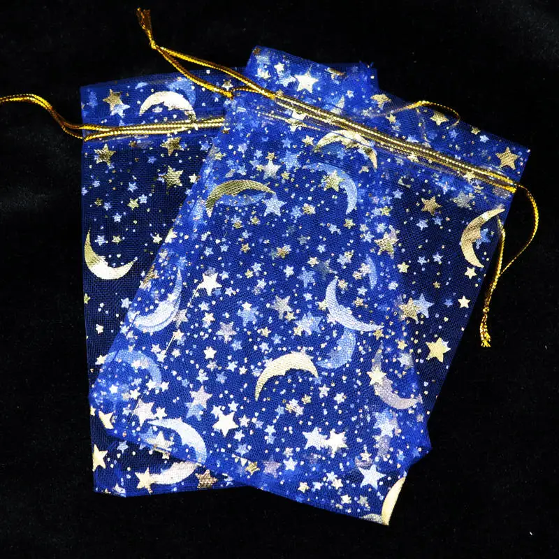 100 шт/партия маленький пакетик из органзы 9x12 см Луна Звезда Свадебные ювелирные изделия Упаковка Сумки симпатичное, на шнурке Подарочная сумка сумки из органзы