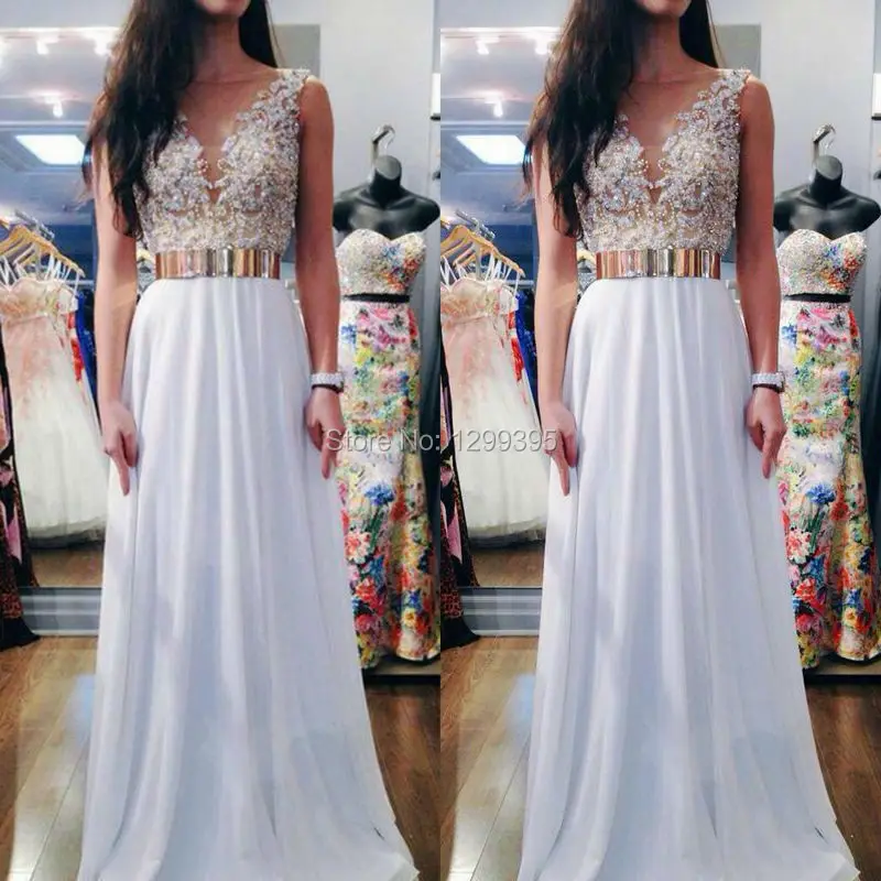 Elegant Long White Prom Dresses with Gold Belt with Sequins and Beads Open Back Evening Dress