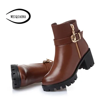 

WEIQIAONA 2019 Winter Fashion Vintage Big Size 35-43 Women Shoes Snow Boots Round Shoes Short Boots High Heels Ladies Shoes