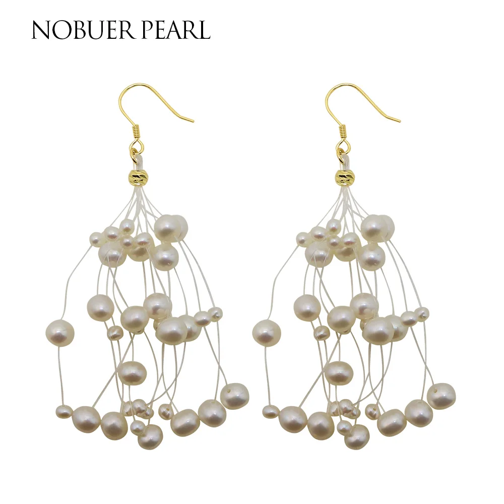 

Nobuer New Style Trendy Silver 925 Pearl Drop Earrings For Women White Near Round Pearl Handmade Pearl Earrings Hanging Jewelry