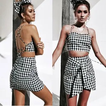 

2PCs Women Summer Sexy Plaid Bodycon Crop Top Mini Skirt Outfit Set Ladies Evening Party Club Backless Sets