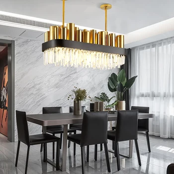 

Luxury Modern Crystal Chandelier Lighting Gold Polished Steel Dining Room Light Fixtures Rectangle Kitchen Island Cristal Lamp