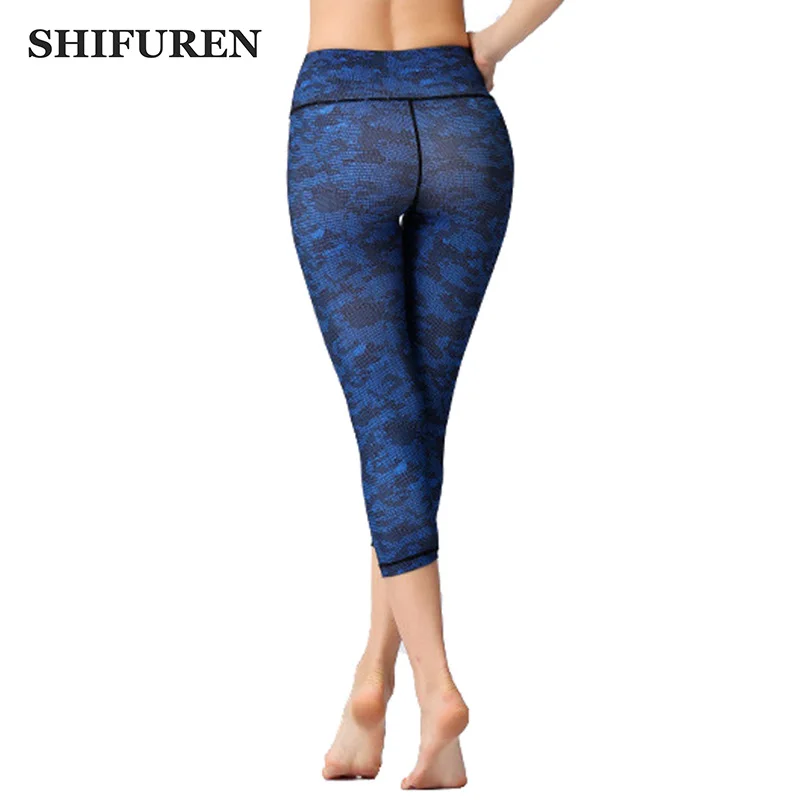 

SHIFUREN Women Sports Yoga Capris Leggings 3/4 Length Female Stretch Gym Fitness Running Tights Compression Trousers Active Wear