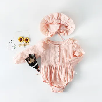 

Baby Girls Lace Cotton Soft Rompers With Hat Candy Pink Color Cute Toddler Autumn Clothes