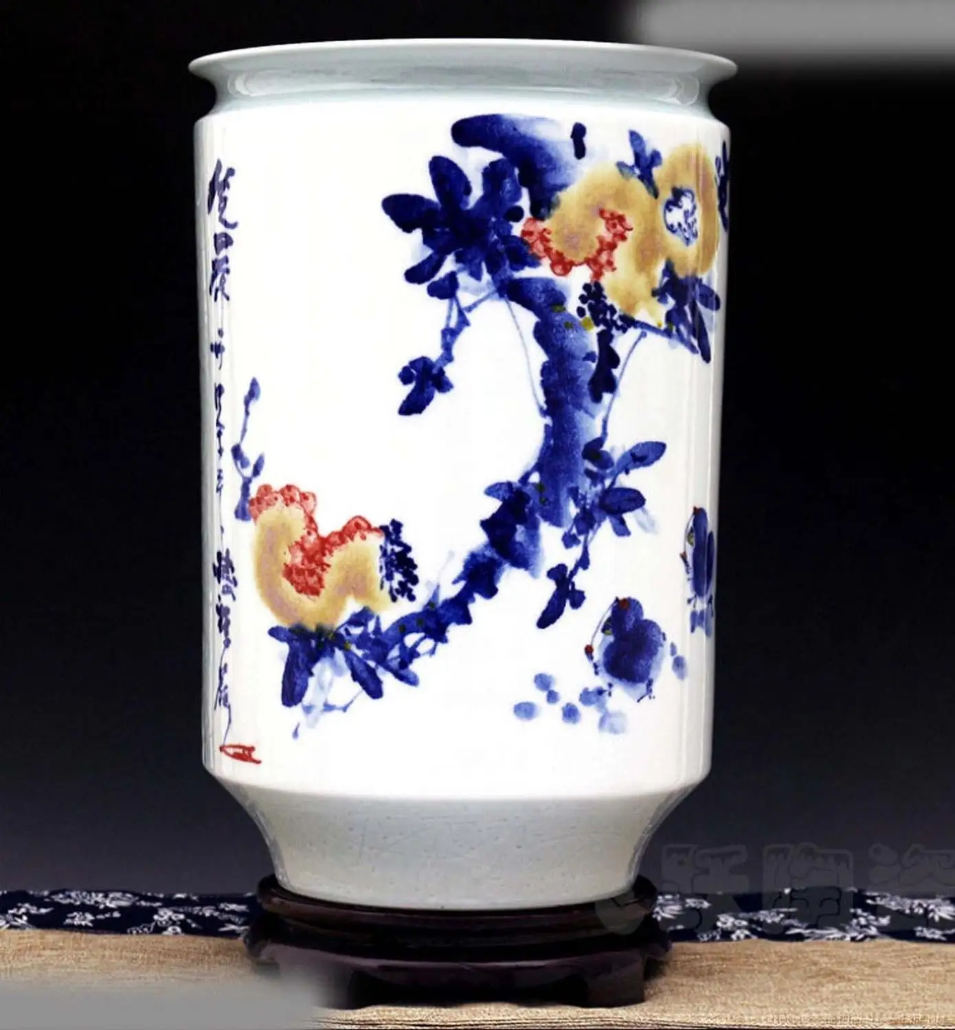 

17" China chinaware of Jingde town carved happy flower bird pot vase Statue