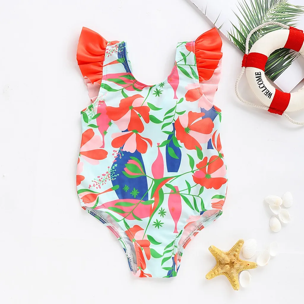 

2019 Summer Ruffle Floral Print Bowknot Girls One Piece Swimsuit Children Backless Swimwear Toddler Kids Swim Suit Badpak Dames