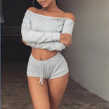 

2PCS/Set Women Sports Suit Crop Top Shorts Pants Outfit Workout Clothes Tracksuit Summer Drawstring Off Shoulder Fitness Sets