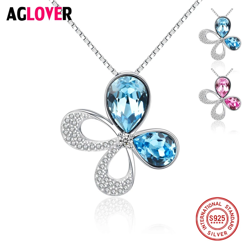 

Genuine 925 Sterling Silver Austrian Crystal Four Leaf Leaves Clover Heart Rhinestones Women Necklace Pendant Jewelry