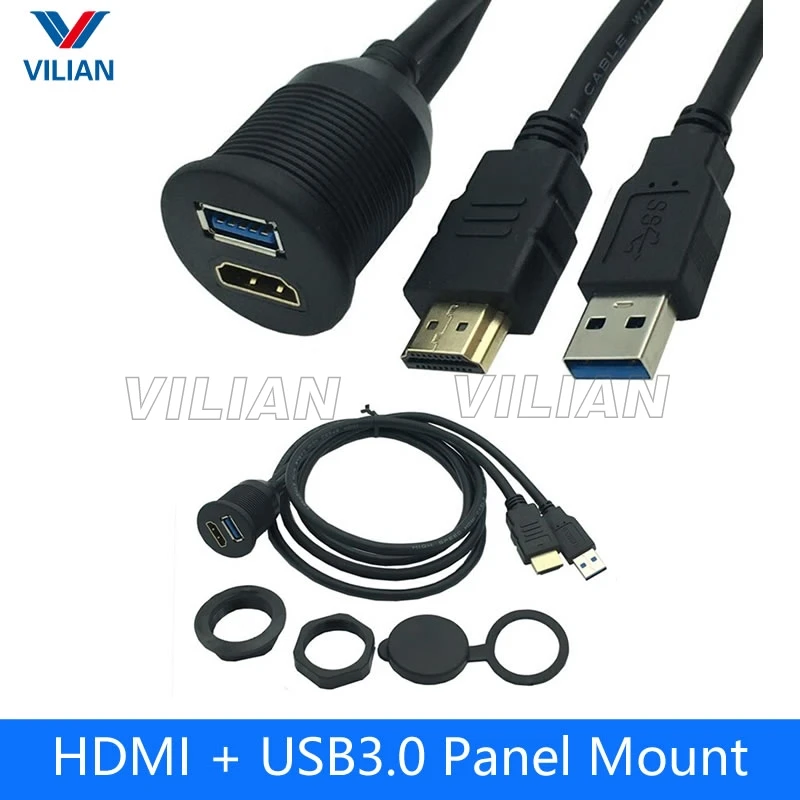 

HDMI USB3.0 Waterproof Panel Mount Male to Female Extension Cable 1M For Truck Boat Motocycle Dashboard Flush 2M