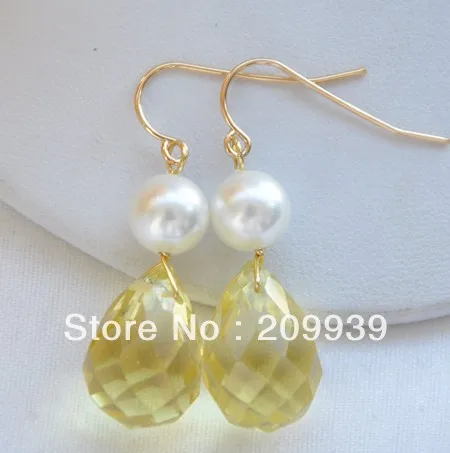 

HOT SELL - hj 00213 17mm lemon yellow Teardrop faceted crystal white round pearl dangle earring -Top quality free shipping