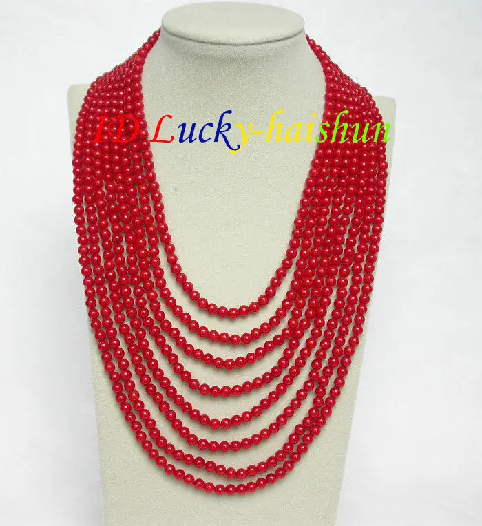 

Hot sale Free Shipping>>>>>natural 8row 17"-25" round red coral beads necklace 925s clasp