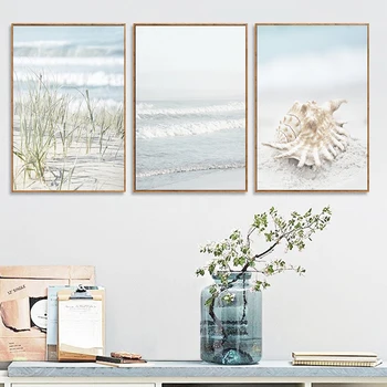 

Nautical Landscape Poster Shell Seaweed Wall Art Ocean Wave Canvas Painting and Prints Bathroom Pictures for Living Room Decor