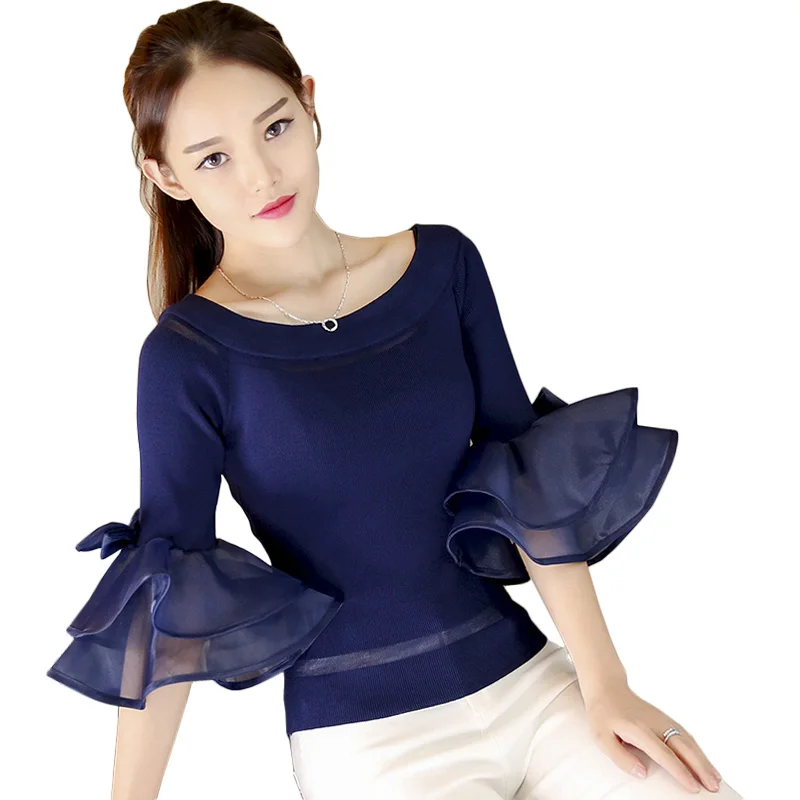 

2018 New off shoulder cropped knitted shirt white sweater tops women slash neck sexy flare sleeve striped pullovers korean blusa