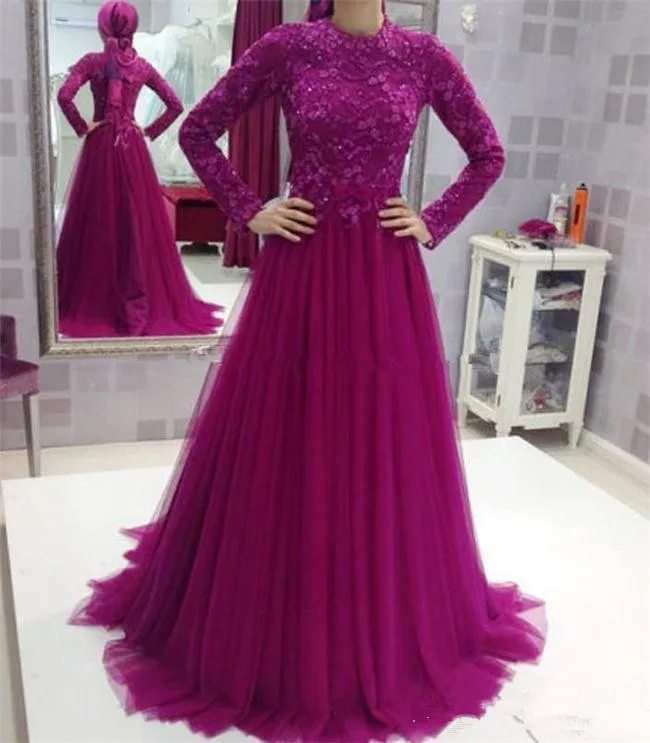

Formal Muslim Evening Dresses 2019 A-line Long Sleeves Lace Beaded Scarf Islamic Dubai Saudi Arabic Long Prom Evening Gown