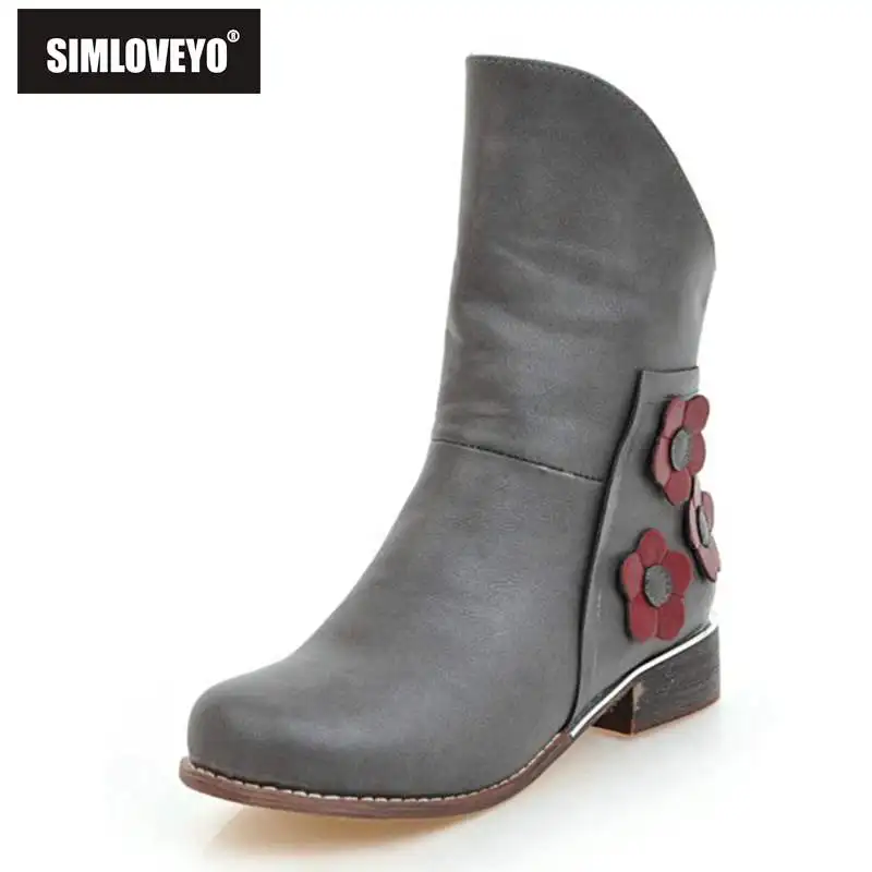 

SIMLOVEYO Women shoes Winter Pu Women ankle boots Slip on Flower Round Toe Ankle Boots Botas Feminino zapatos de mujer B991
