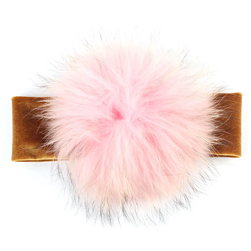 Geebro 15 см мех енота помпонами для малышей плотная велюровая головная повязка для девочек Упругие волосы тюрбан-повязка для девочек повязки для малышей - Цвет: Yellow Pink