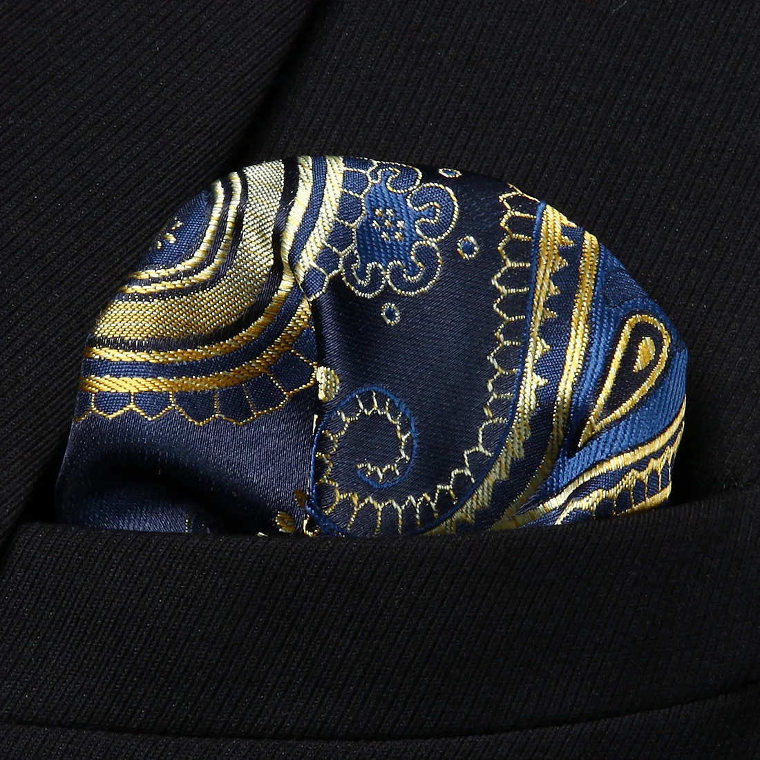 HP921V Navy Blue Gold Paisley Men Silk Party Handkerchief Pocket Square