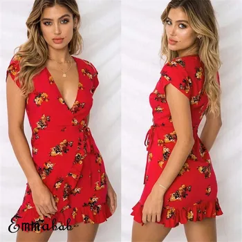 

Women Mini Dress Red Floral Print Sexy Short Sleeve V Neck Floral Sundress Ladies Summer Beach Holiday Ruffles Mini Swing Dress