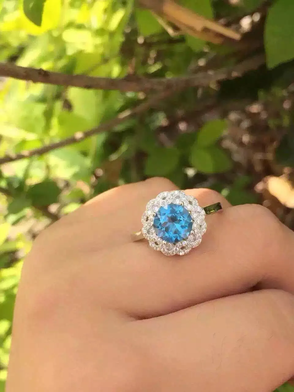 

Natural blue topaz gem Ring Natural gemstone ring 925 sterling silver trendy Elegant round Sunflower women girl gift Jewelry