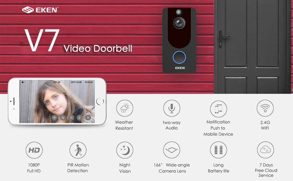 Eken V7 видео doorbell1080p с ringtone ночного видения беспроводной мониторинг безопасности Интеллектуальное обнаружение движения домофон камера