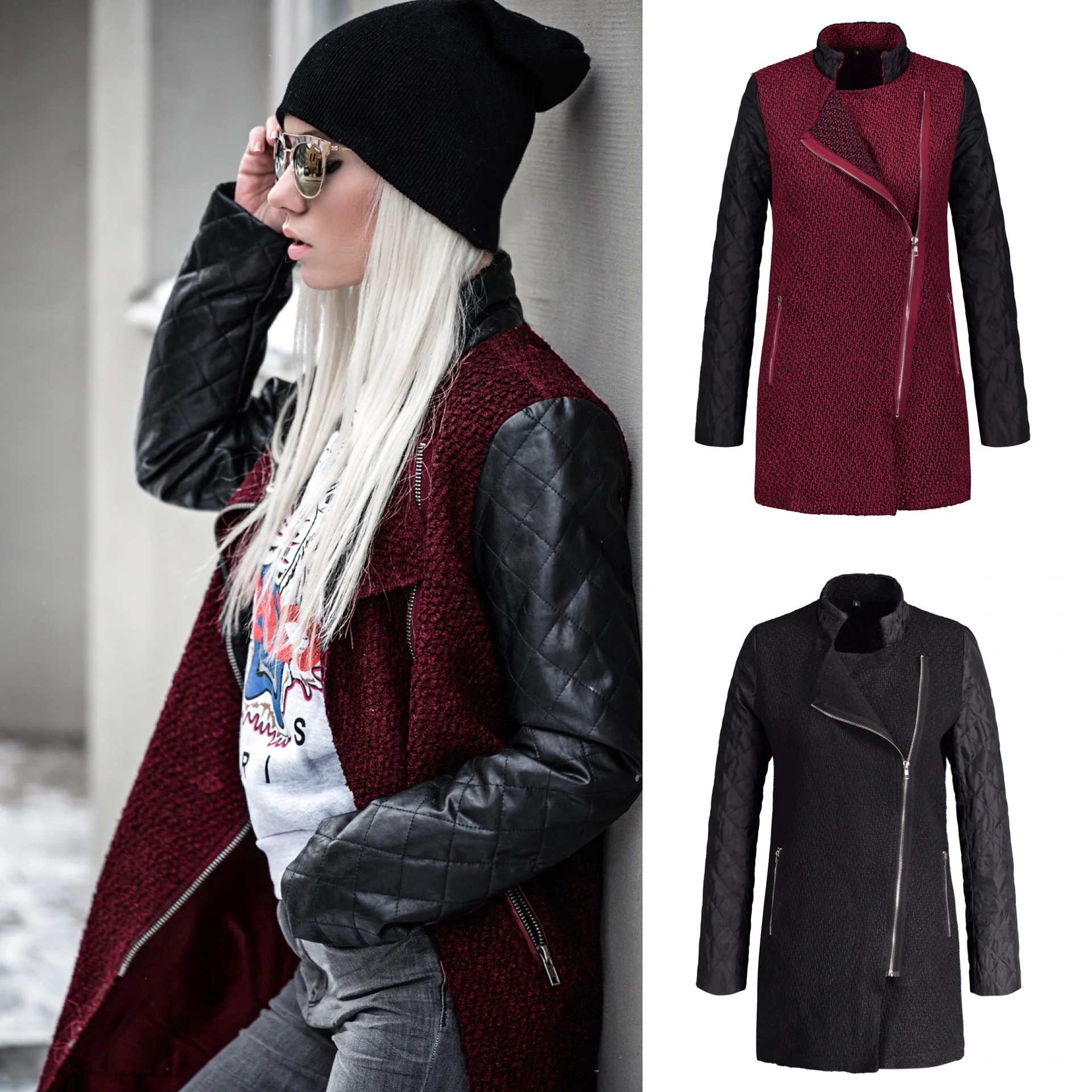 VITIANA, женское повседневное длинное пальто, осень-весна, с длинным рукавом, облегающее, из кусков, черное, ПУ, на молнии, пальто для девушек, элегантная верхняя одежда