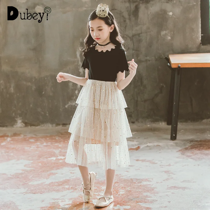 

Patchwork Layered Long Dresses for 4-14 Years Old Girls Elegant Maxi Tulle Frocks Dress Kids Girls Black Dress