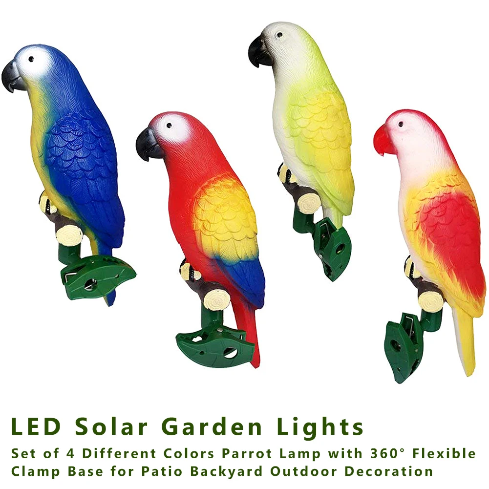 4psc светодиодный солнечного сада 4 разных Цвета попугай лампы гибкий зажим база для патио на заднем дворе наружной отделки
