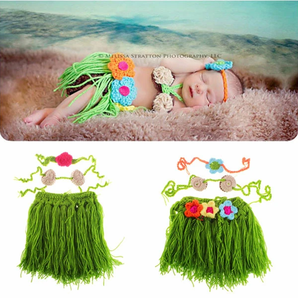 Kawaii Sweet Hula Newborn Girls Coconut Bra Grass Skirt Knitted Photography  Costume Baby Sets