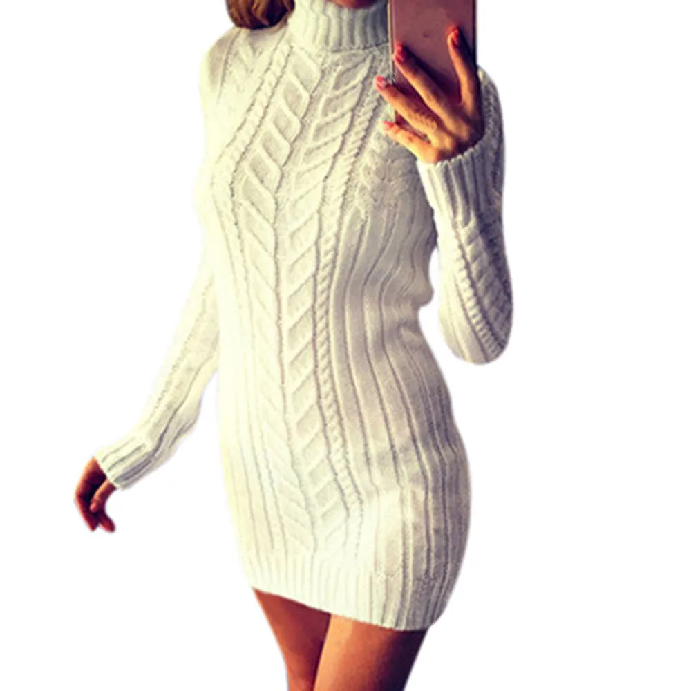 

2019 New Arrival Womens Winter Warm Solid Knitting Turtleneck Sweater Long Sleeve Mini Dress 12.21