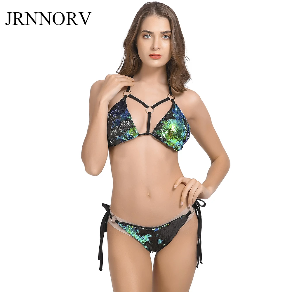 JRNNORV Sexy Sequins Circle String Halter Bikini Set Sparkle Two Piece Push Up Padded Bra