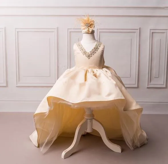 

new champagne 2018 flower girl dress with crystals rhinestones soft satin hi-low girls birthday dress pageant gown any size
