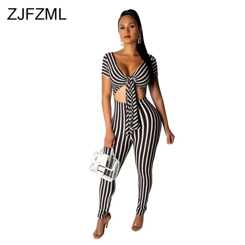 

Black White Striped Rompers Womens Jumpsuit Deep V Neck Short Sleeve Bandage Overall Summer Bow Tie Cut Out One Piece Bodysuits