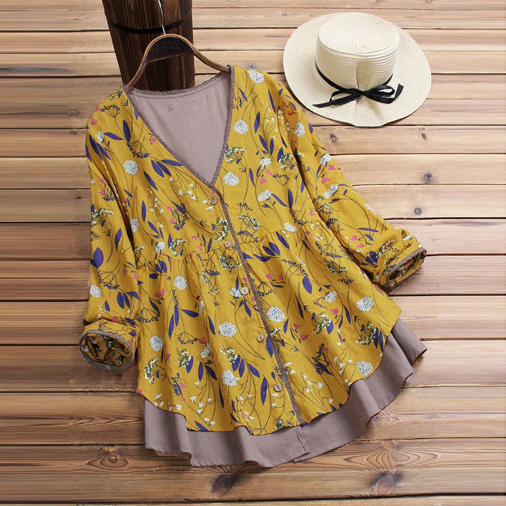 Women Blouses V-Neck Layered Floral Print Patchwork Vintage Blouse Splicing Shirt Autumn Loose Womens Tops And Blouses #SW
