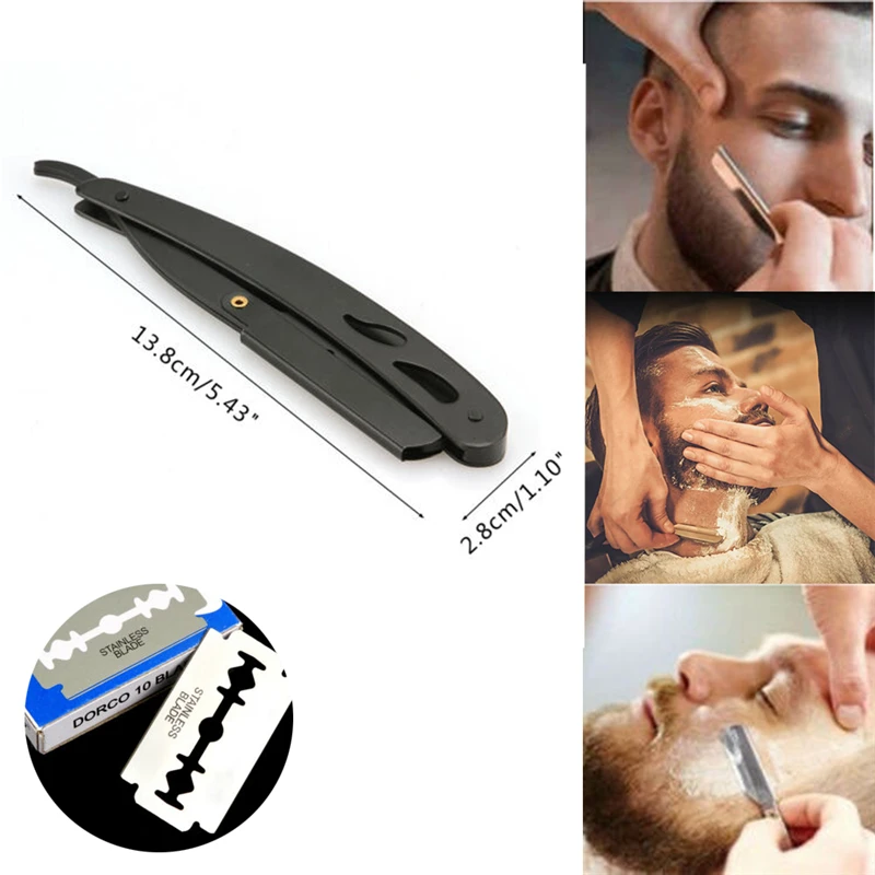 

1set Men Straight Edge Barber Razor Foldable Stainless Steel Salon Shaving Knife Facial Hair Removal Tools With 10pcs Blades