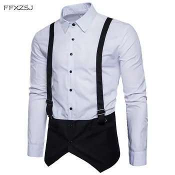 

FFXZSJ 2018 New Men Fashion Casual Long Sleeved Fake Two Shirt Brand Men Slim Fit Social Business Dress Shirt Camisa Hombre XXL