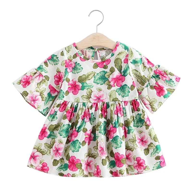 Children Dresses Kids Girl trumpet sleeve Print Cotton Dress