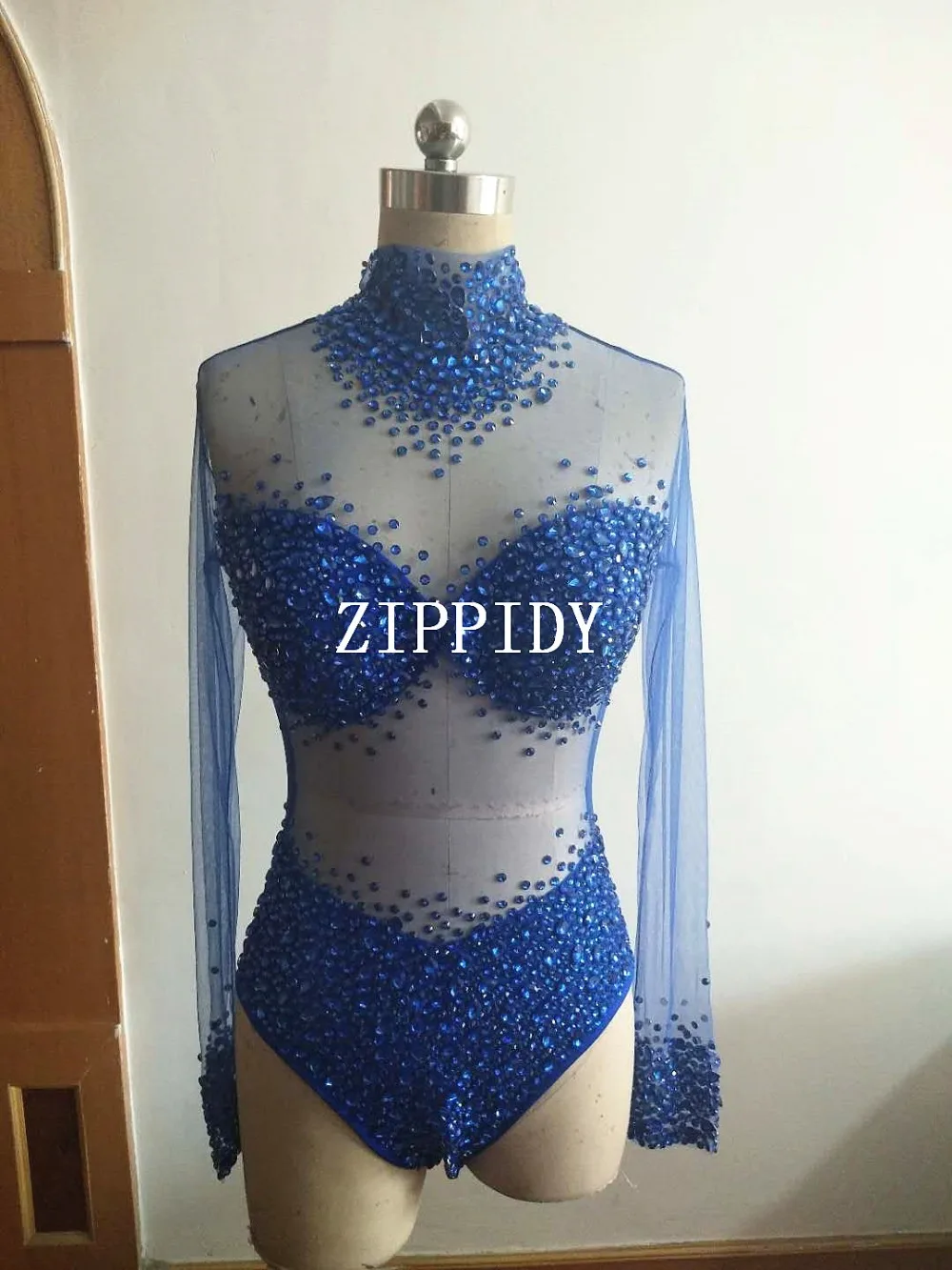 Women's Fashion Red Gold Crystals  Mesh Bodysuit long Sleeves Stretch Sexy Perspective   Celebrate luxurious Leotard