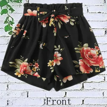 

2019 New Women Fashion High Waist Tie Belt Shorts Ladies Chiffon Floral Pattern Bow Summer Holiday Shorts