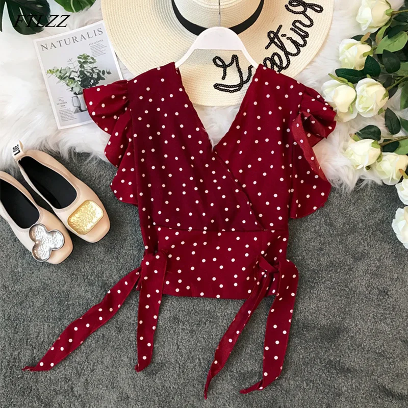 

2019 Women Chiffon Shirts Summer New Retro Wave Dot Print Slim Waist Thin Short Crop Tops Woman Casual Shirts