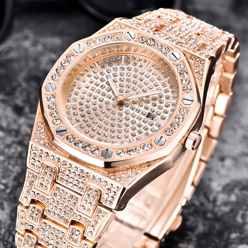 Классические мужские часы в стиле хип-хоп с бриллиантами, роскошные мужские кварцевые часы из серебристой стали, деловые наручные часы zegarek damski